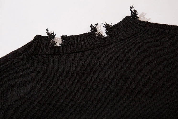 Deeptown Goth Punk Women's Ripped Knitted Sweater Gothic Vintage Jumper Grunge Y2k Knitwear Oversized Autumn Fashion Harajuku Street King Limited