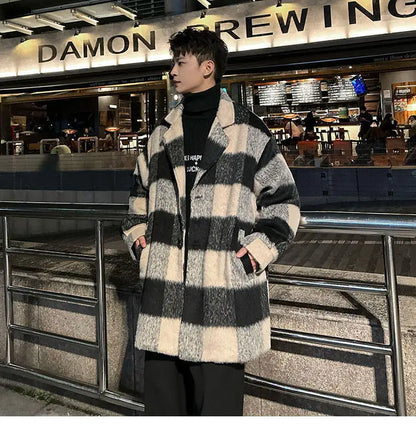 plaid woolen trenchcoat men autumn winter fashion retro streetwear suit collar loose casual trendy trench coat outerwear unique default style 1184