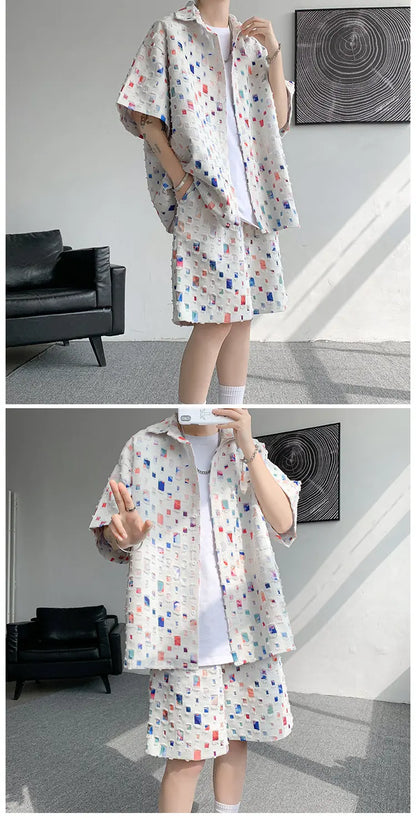 Summer Sets Men Fashion Short Sleeved Shirt Shorts Two-piece Men Korean Loose Hollow Out Set Mens Short Sets Plus Size M-5XL Street King Limited