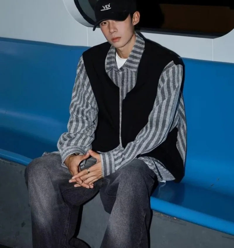 striped mens shirt jacket 2024 spring japanese street color blocked fake two coats vest tooling trend zipper long sleeved tops unique default style 2389