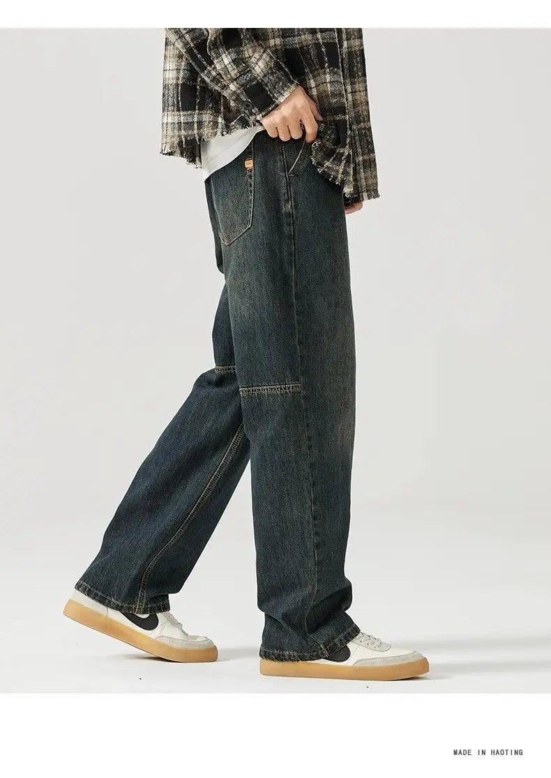 american style new retro heavy duty washed straight leg jeans for men and women simple and loose trendy wide leg casual pants unique jeans style 4676