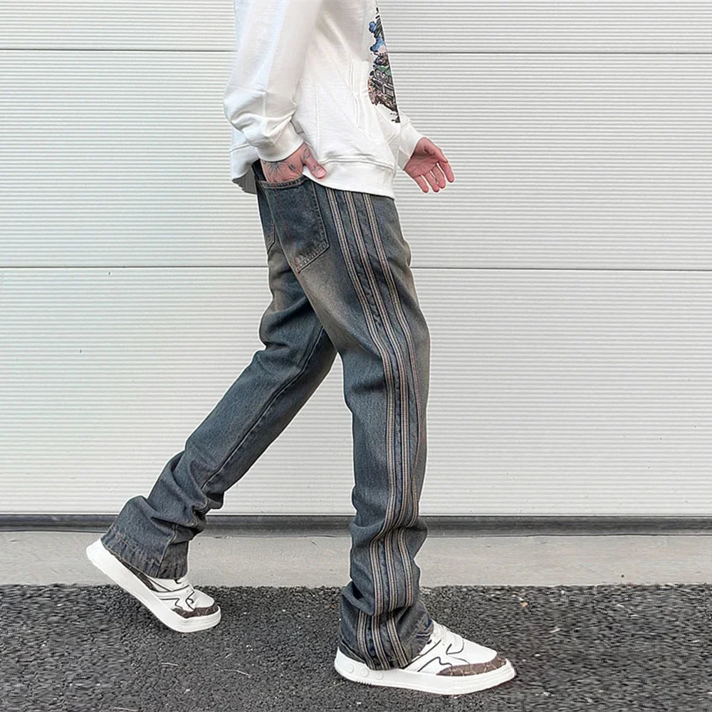 high street vibe washed striped flared jeans dark blue distressed jean casual side stripes slim micro flared jeans pants male denim street jeans