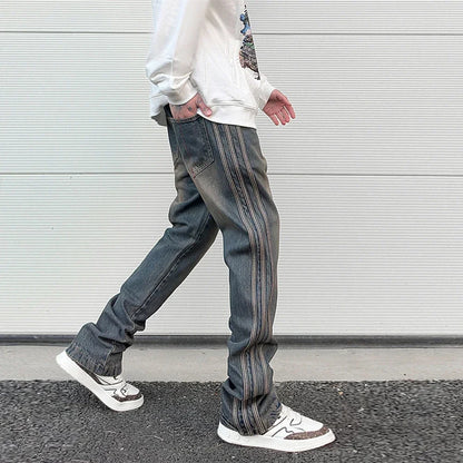 high street vibe washed striped flared jeans dark blue distressed jean casual side stripes slim micro flared jeans pants male denim street jeans
