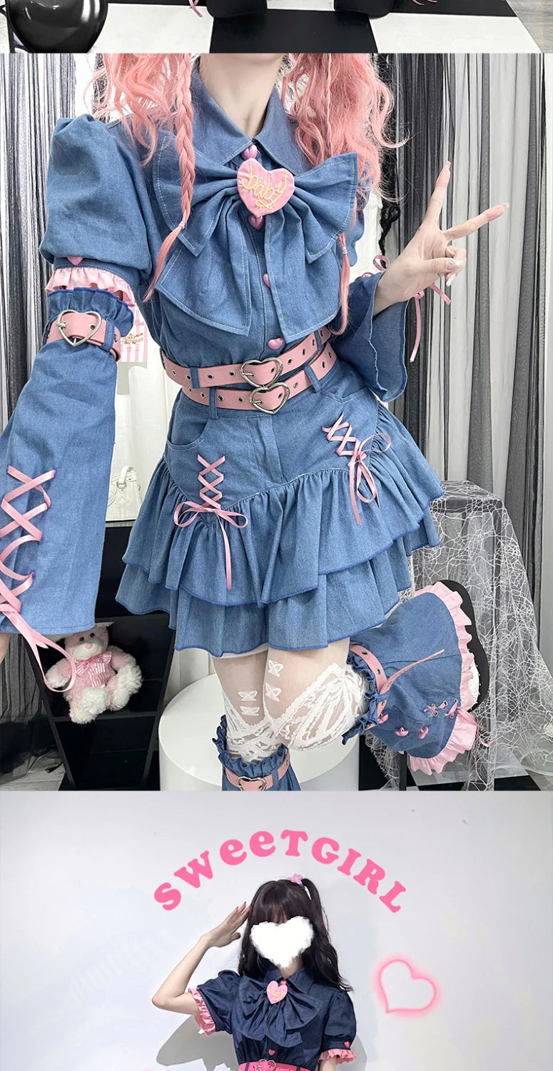 Y2K Set Sweetheart Spicy Girl dress skirt sets Women's 2023 Summer Bubble Sleeve Bowtie Campus Style 2 piece sets womens outfits Street King Limited