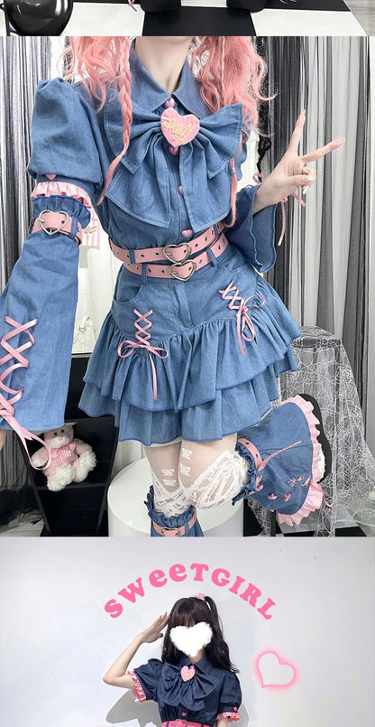 Y2K Set Sweetheart Spicy Girl dress skirt sets Women's 2023 Summer Bubble Sleeve Bowtie Campus Style 2 piece sets womens outfits Street King Limited