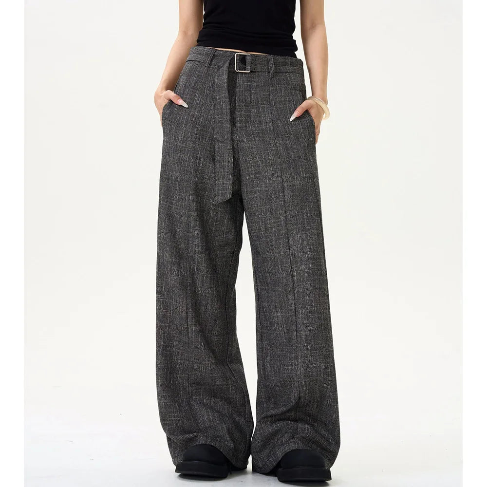 men women streetwear fashion loose casual belt wide leg suit pant boyfriend straight trousers baggy pants minimalist street pants