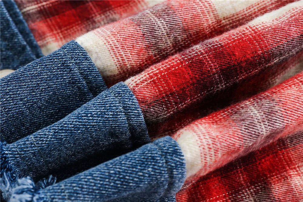 men hip hop denim jacket plaid patchwork oversized harajuku y2k unisex jeans jackets 2023 man fashion causal jacket outwear unique jeans style 1408