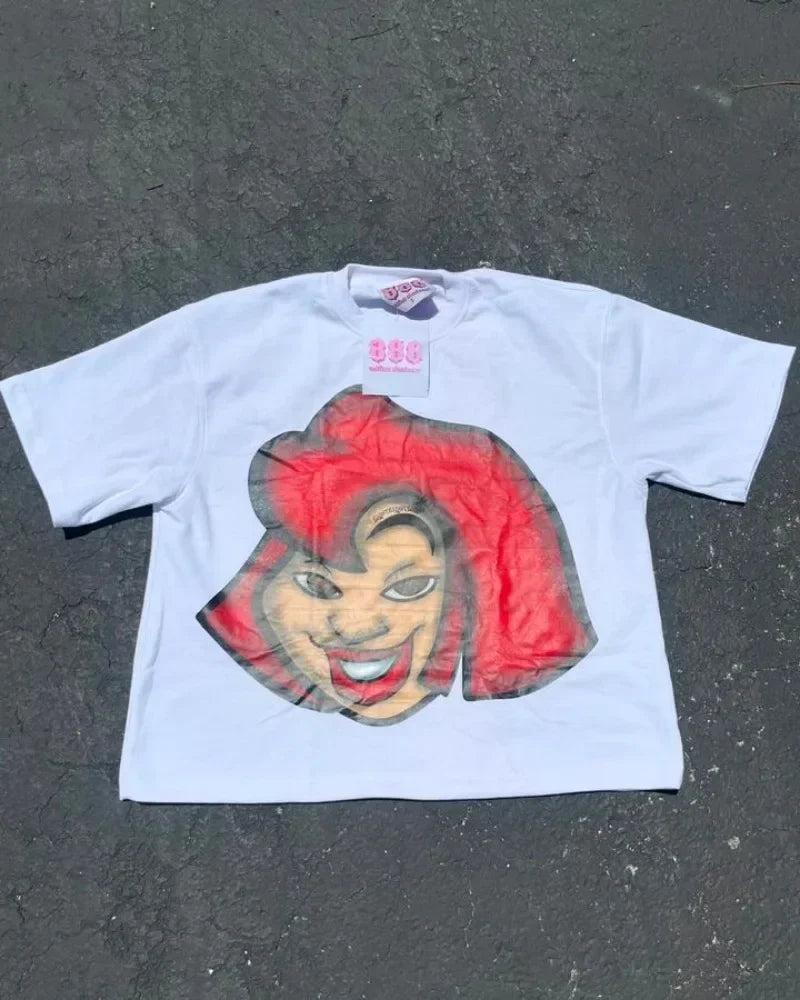 Harajuku cartoon big head pattern graphic t shirts oversized t shirt casual goth y2k tops streetwear 2000s vintage men clothing Street King Limited