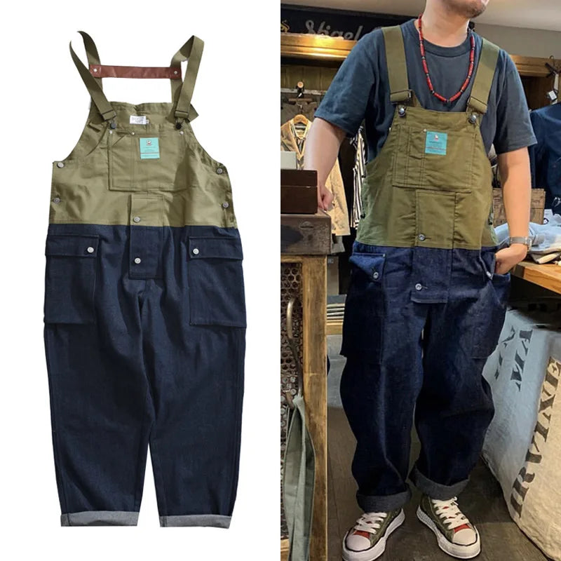 2023 summer cargo overalls pants men patchwork denim jumpsuits loose work pants solid color casual streetwear cargo trousers baggy cargo bottoms