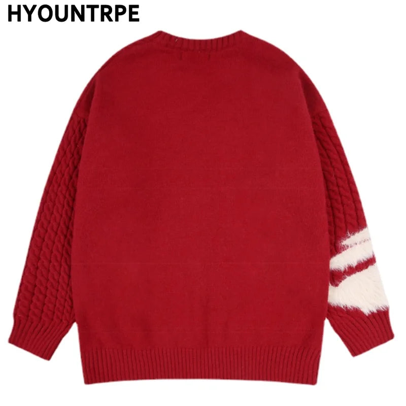 Mens Streetwear Cable Sweater 2023 Fashion Rabbit Pattern Hip Hop Knitted Sweater Pullover Casual Cotton Sweater Unisex Clothes Street King Limited