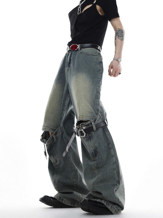 mens knee patchwork belts denim jeans unisex hip hop fashion streetwear harajuku loose flare straight y2k jean pants joggers relaxed fit joggers