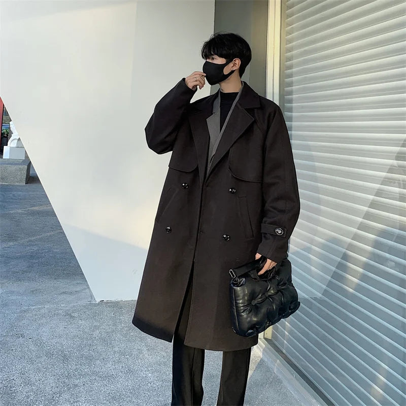 Men's Autumn Winter Mid Length Woolen Coat New Korean Tide Black Thickned Overcoat Long Sleeve Double-breasted Jackets Street King Limited