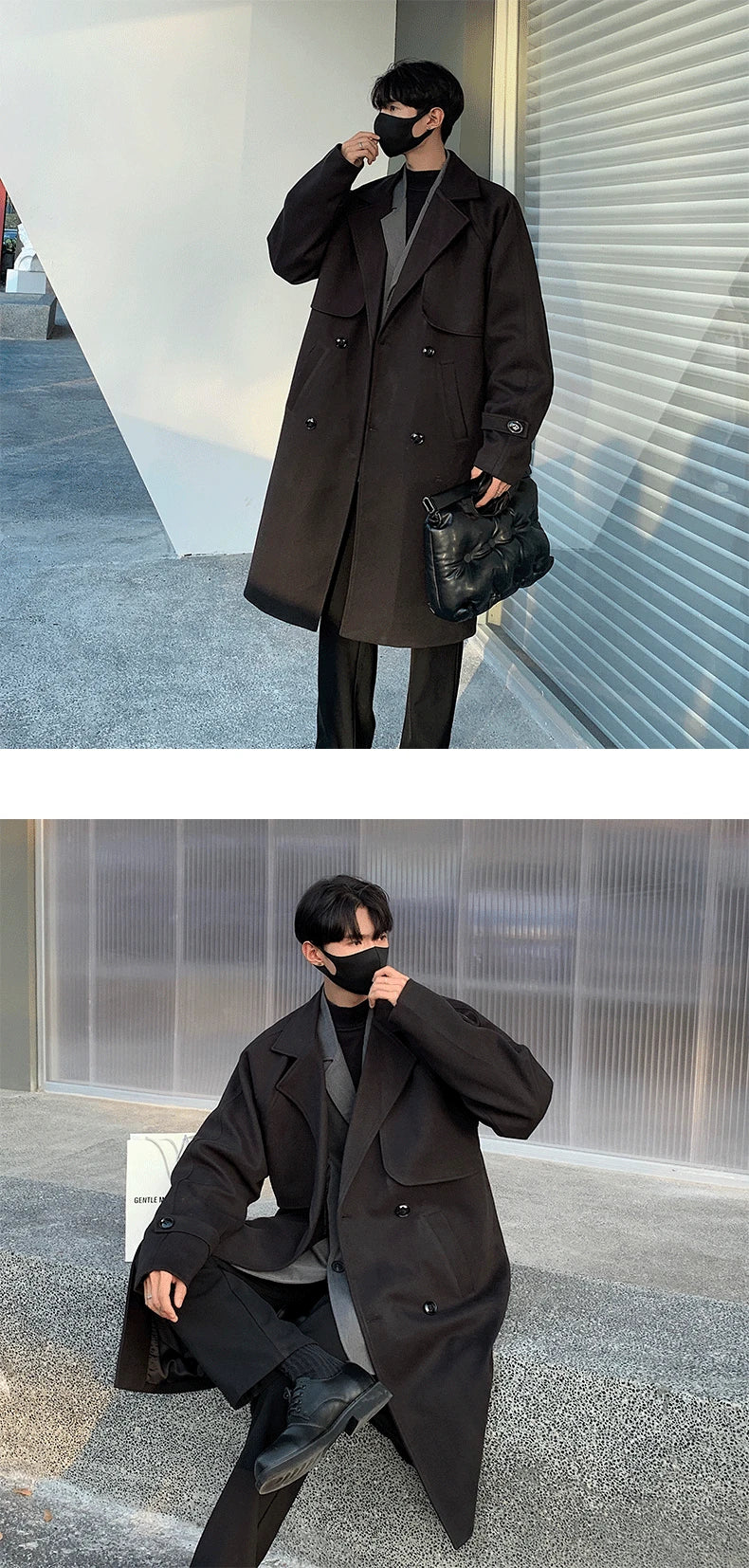 Men's Autumn Winter Mid Length Woolen Coat New Korean Tide Black Thickned Overcoat Long Sleeve Double-breasted Jackets Street King Limited