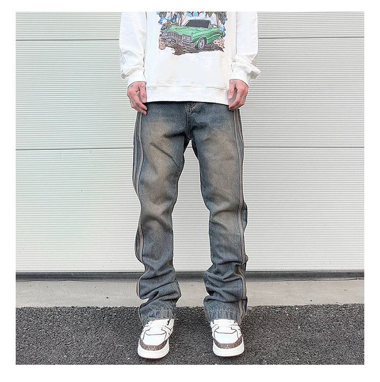 high street vibe washed striped flared jeans dark blue distressed jean casual side stripes slim micro flared jeans pants male unique jeans style 1660