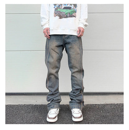 high street vibe washed striped flared jeans dark blue distressed jean casual side stripes slim micro flared jeans pants male unique jeans style 1660