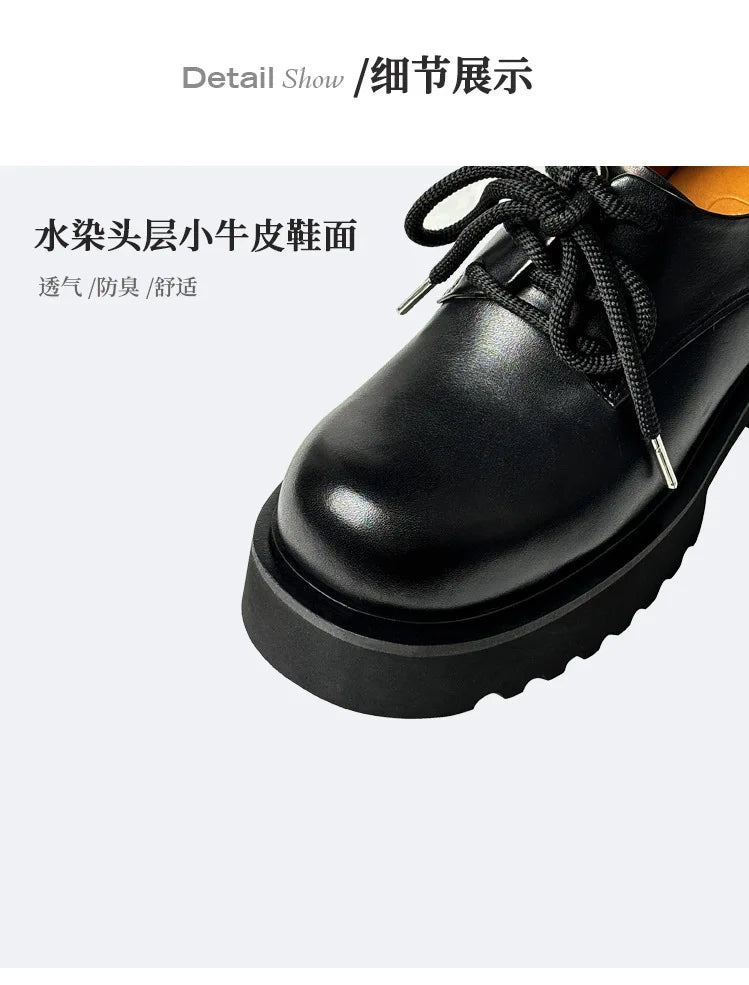 Men High Quality Genuine Leather Streetwear Fashion Casual Hip Hop Derby Shoes Cow Leather Rubber Foam Sole High Heels Shoes Street King Limited