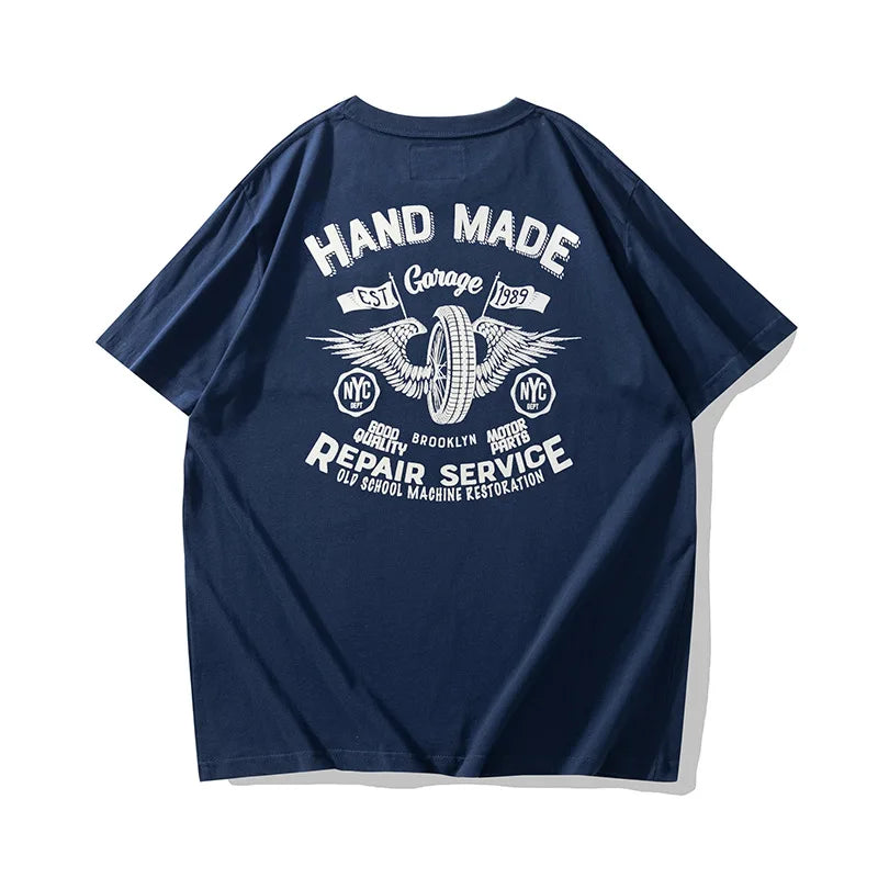 New Summer Fashion Vintage Men Street Flying Wheel Print T-shirt Round Neck Thick Short Sleeve Casual T-Shirt 100% Cotton Street King Limited
