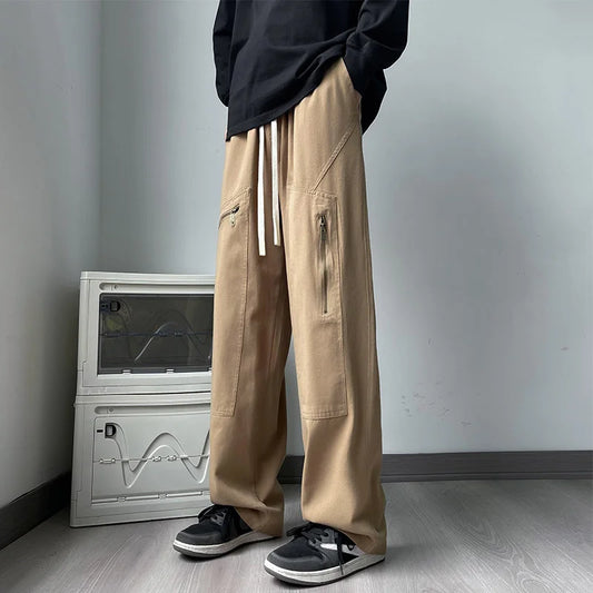new korean fashion cargo straight pants for men autumn casual zipper pocket drawstring trousers classic tactical y2k pantalones 1 baggy cargo bottoms