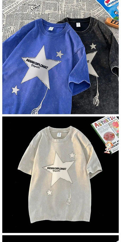 Five-pointed star American washed distressed short-sleeved T-shirt for men in summer loose heavyweight T-shirt trendy y2k tops Street King Limited