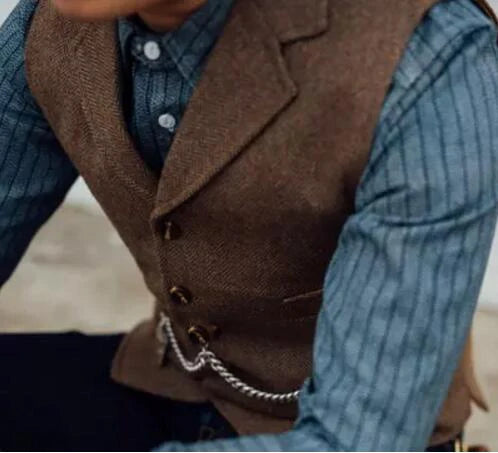 Business Mens Suit Vest Lapel V Neck Wool Herringbone Casual Brown Waistcoat Casual Formal Groomsman Jacket For Wedding Street King Limited