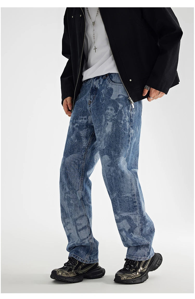 designer human printed denim jeans mens new casual zipper straight hip hop jeans streetwear baggy pants joggers graphic jeans unique joggers style 5149