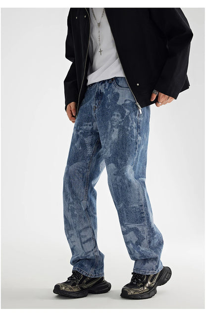 designer human printed denim jeans mens new casual zipper straight hip hop jeans streetwear baggy pants joggers graphic jeans unique joggers style 5149
