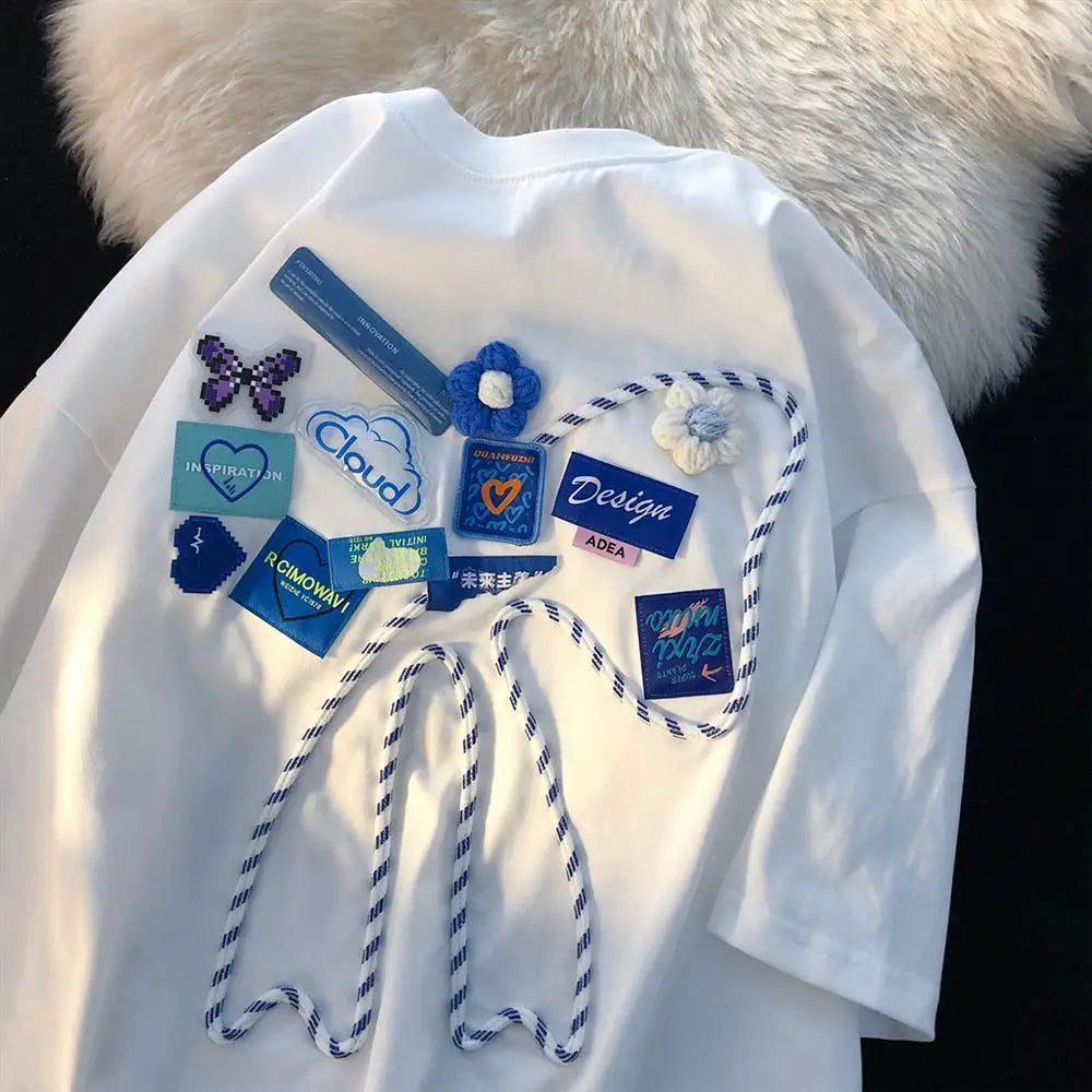 Super Chic Appliques Butterfly Bow Creative T Shirts Sweet Girl Kawaii Clothes 2022 Summer Large 2XL Korean Brand Office Ladies Street King Limited