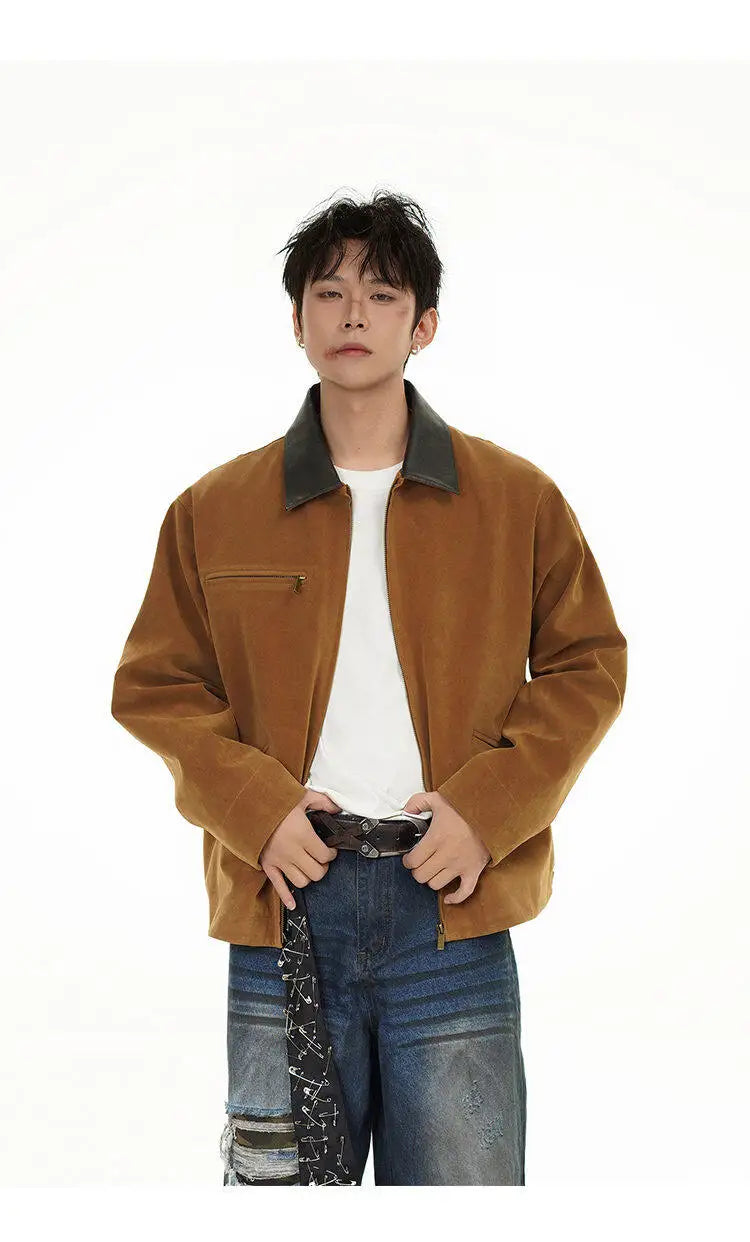 2025 american streetwear retro leather collar bomber jacket men loose casual fashion short cargo jacket spring autumn coat unique cargo style 444