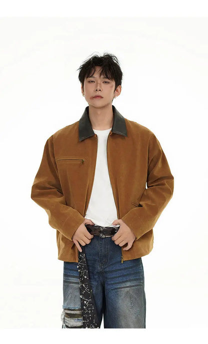 2025 american streetwear retro leather collar bomber jacket men loose casual fashion short cargo jacket spring autumn coat unique cargo style 444