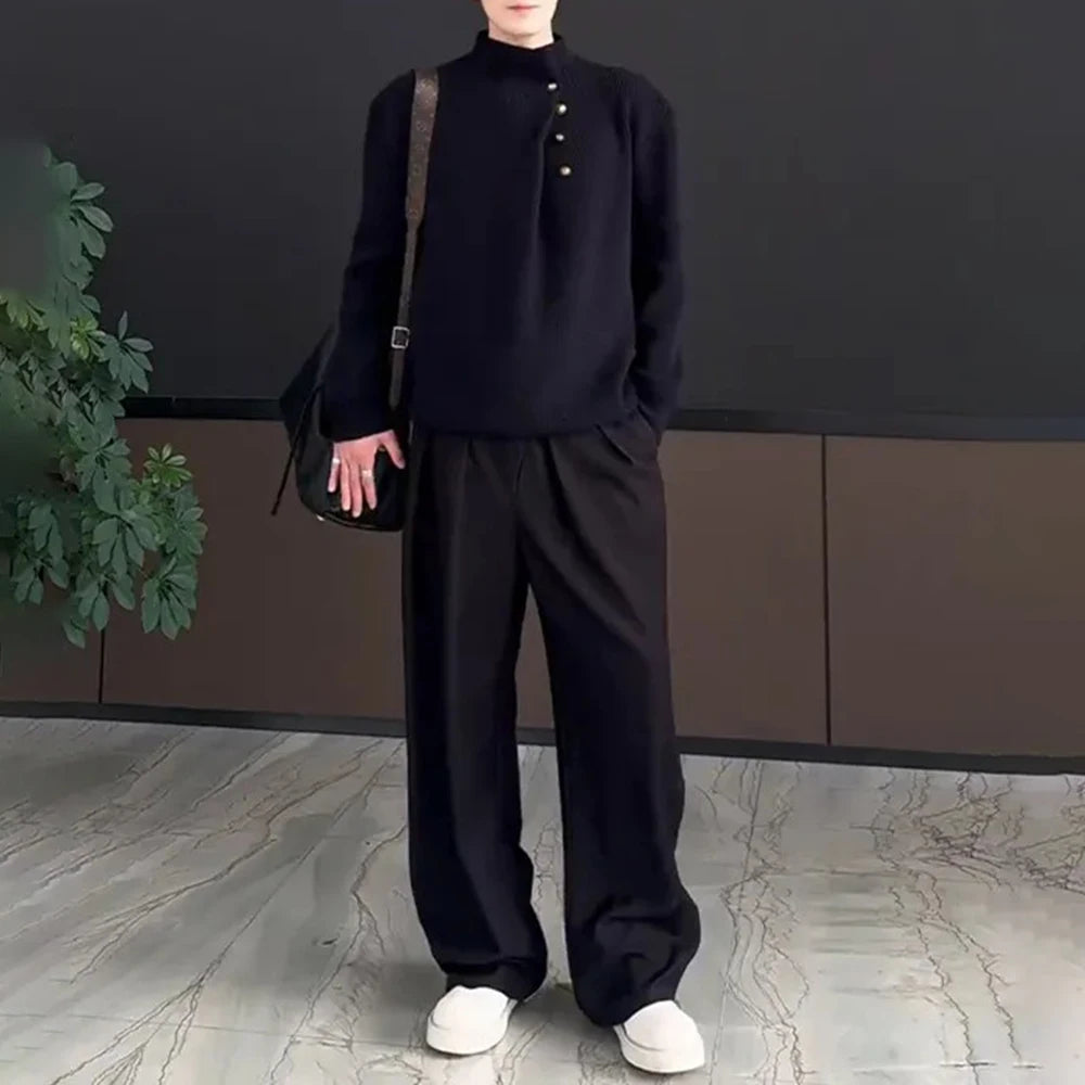 Mens Sweater Button Layered Design Knit Sweater Autumn Daily Casual Loose Comfortable Versatile Long-Sleeved Top Men'S Clothing Street King Limited