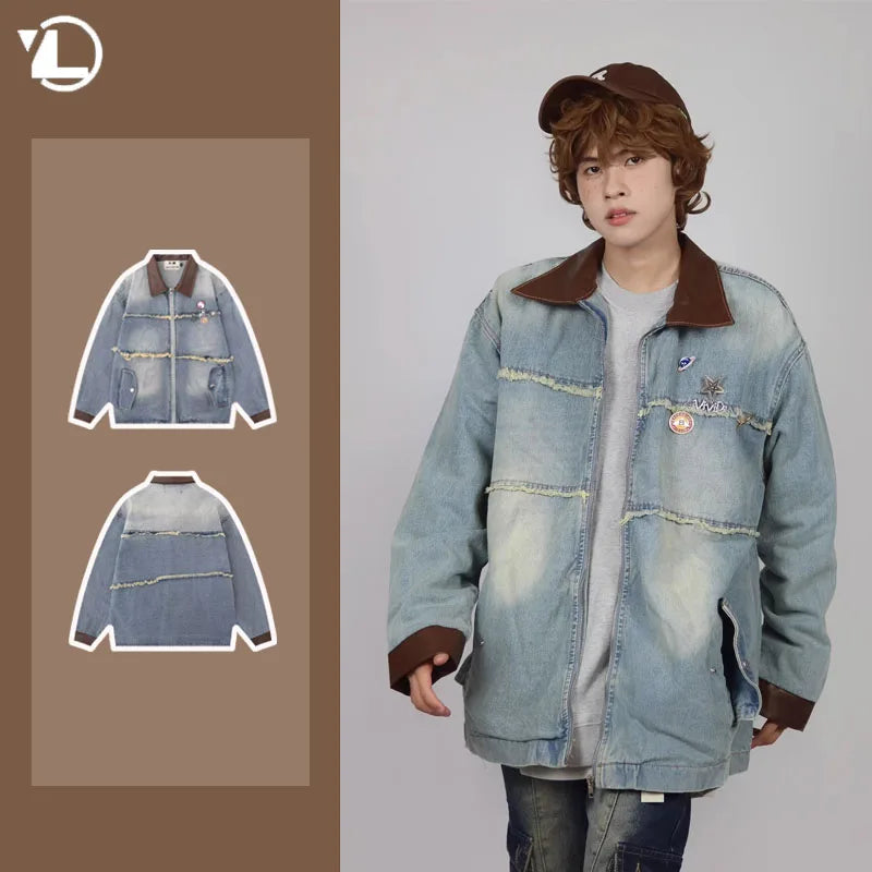 burr edge vintage mens denim jacket spring american patchwork lapel washed cowboy coats loose harajuku couple outwear new stacked flare jeans