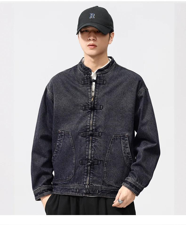 men spring autumn streetwear fashion retro loose casual plus size stand collar denim jacket man jeans coat outerwear unique jeans style 906