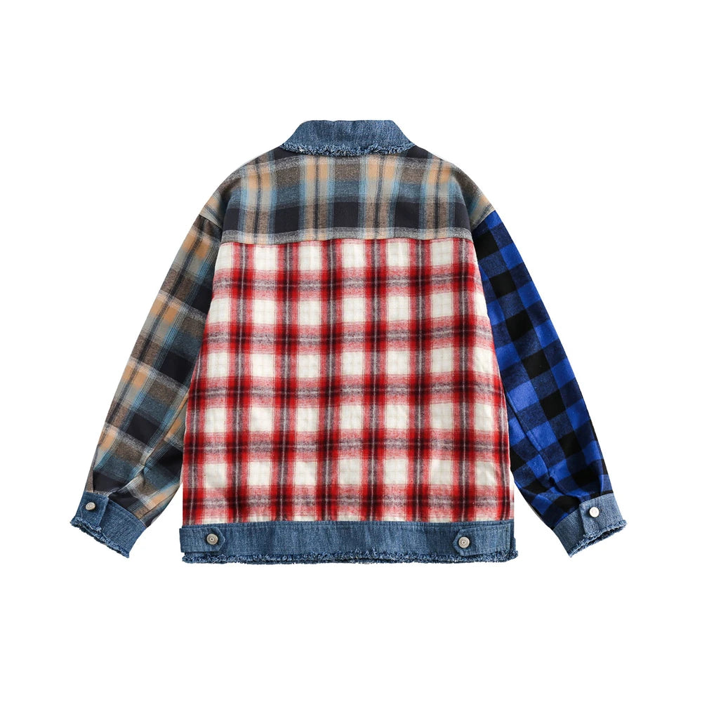 men hip hop denim jacket plaid patchwork oversized harajuku y2k unisex jeans jackets 2023 man fashion causal jacket outwear unique jeans style 1400