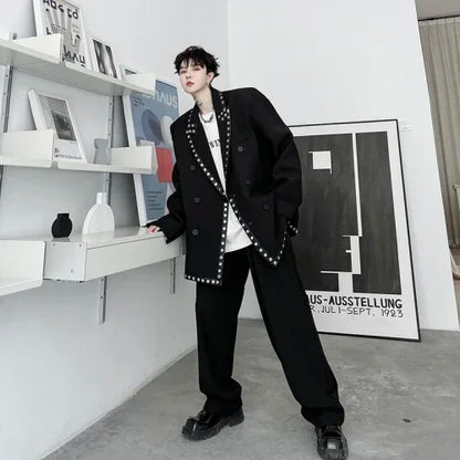 men streetwear fashion loose casual rivet hip hop party dress 2 piece suits blazers jacket pant sets stage clothing costume unique default style 1533