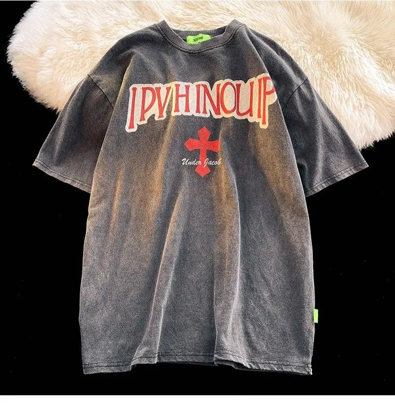 Cross short-sleeved T-shirt men's trendy brand ins American retro half-sleeved summer loose high street washed and distressed Street King Limited