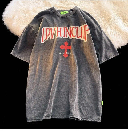 Cross short-sleeved T-shirt men's trendy brand ins American retro half-sleeved summer loose high street washed and distressed Street King Limited