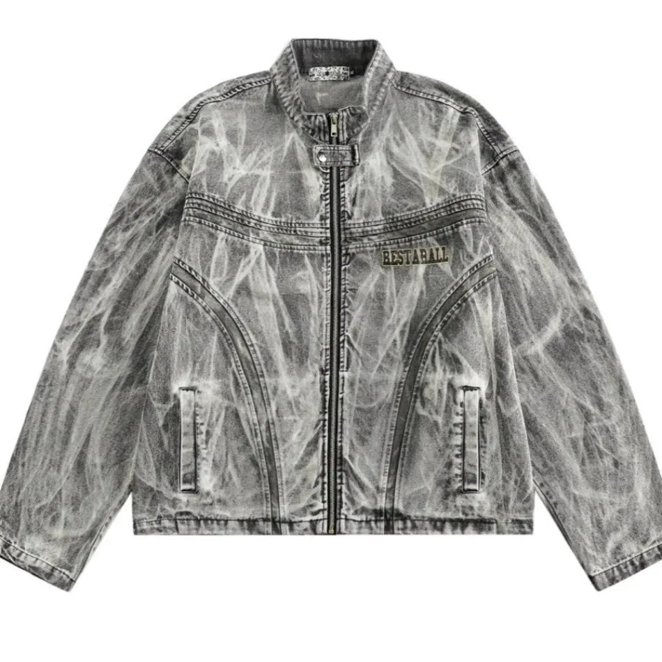 autumn high street washed denim jacket mens vintage graffiti printing stand collar motorcycle coats patchwork punk cowboy tops unique jeans style 3563