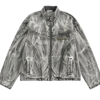 autumn high street washed denim jacket mens vintage graffiti printing stand collar motorcycle coats patchwork punk cowboy tops unique jeans style 3563