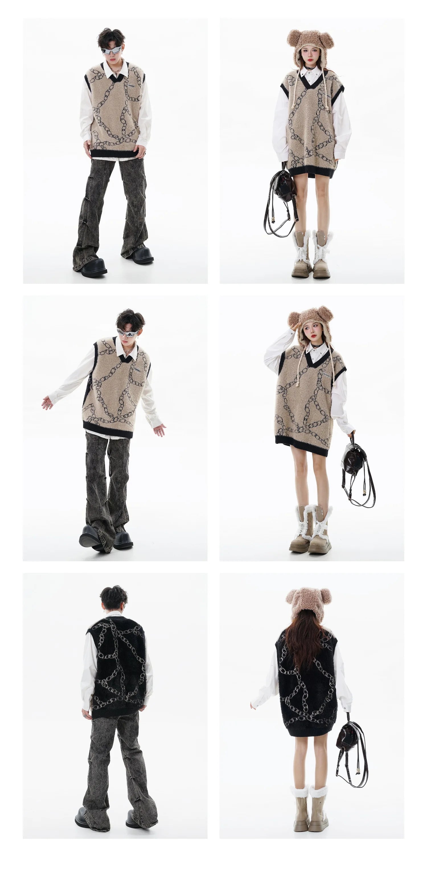High Street Harajuku Imitation Mink Hair Knitted Vest Chain Color Block V-neck Pullover Sweater Vest Oversized Knitwear Trendy Street King Limited