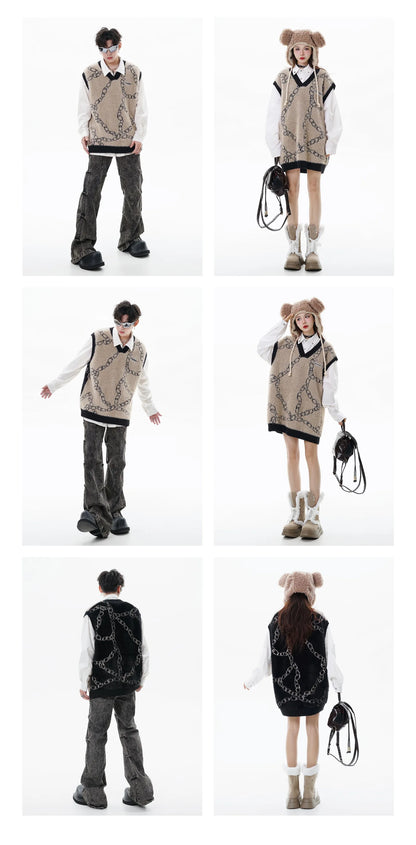 High Street Harajuku Imitation Mink Hair Knitted Vest Chain Color Block V-neck Pullover Sweater Vest Oversized Knitwear Trendy Street King Limited
