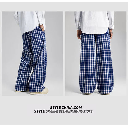 men women american streetwear fashion loose plaid wide leg straight pant boyfriend button down sports casual pants trousers unique default style 1413