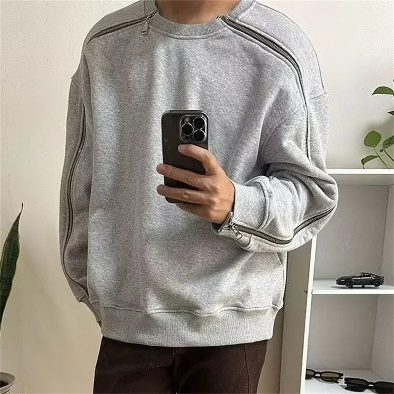 New Retro Zipper Design O-neck Sweatshirts For Men Autumn Y2K Streetwear Gray Pullover Hoodies Loose Hip Hop Fashion Sweat-shirt Street King Limited