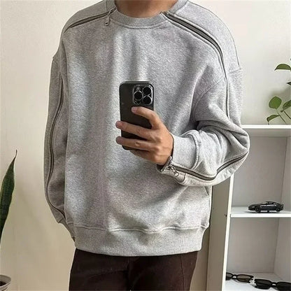New Retro Zipper Design O-neck Sweatshirts For Men Autumn Y2K Streetwear Gray Pullover Hoodies Loose Hip Hop Fashion Sweat-shirt Street King Limited