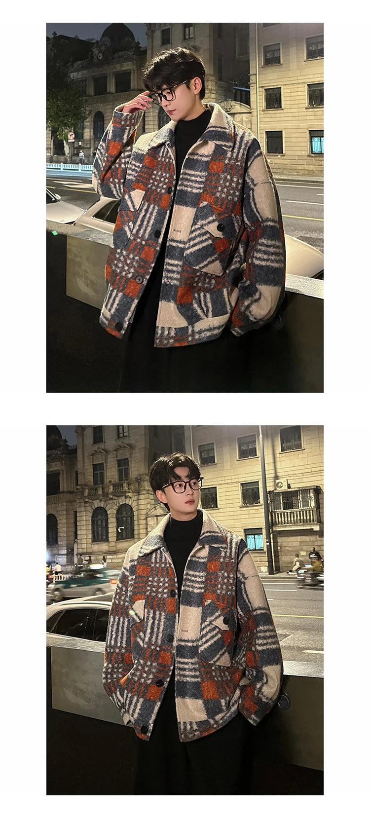 autumn winter campus boy plaid woolen coat men streetwear fashion loose casual retro thick jacket man bomber coat outerwear unique default style 942