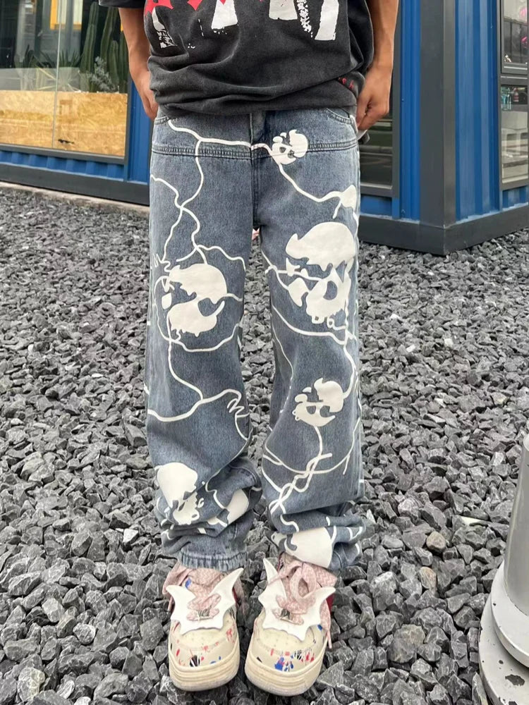 fashion lightning skull printed denim jeans mens unisex casual zipper straight jeans streetwear hip hop y2k jean pants joggers sporty tapered joggers