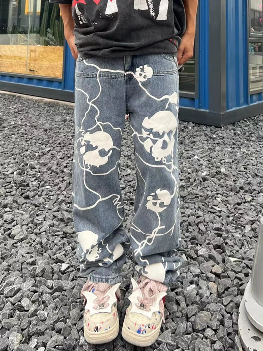 fashion lightning skull printed denim jeans mens unisex casual zipper straight jeans streetwear hip hop y2k jean pants joggers sporty tapered joggers