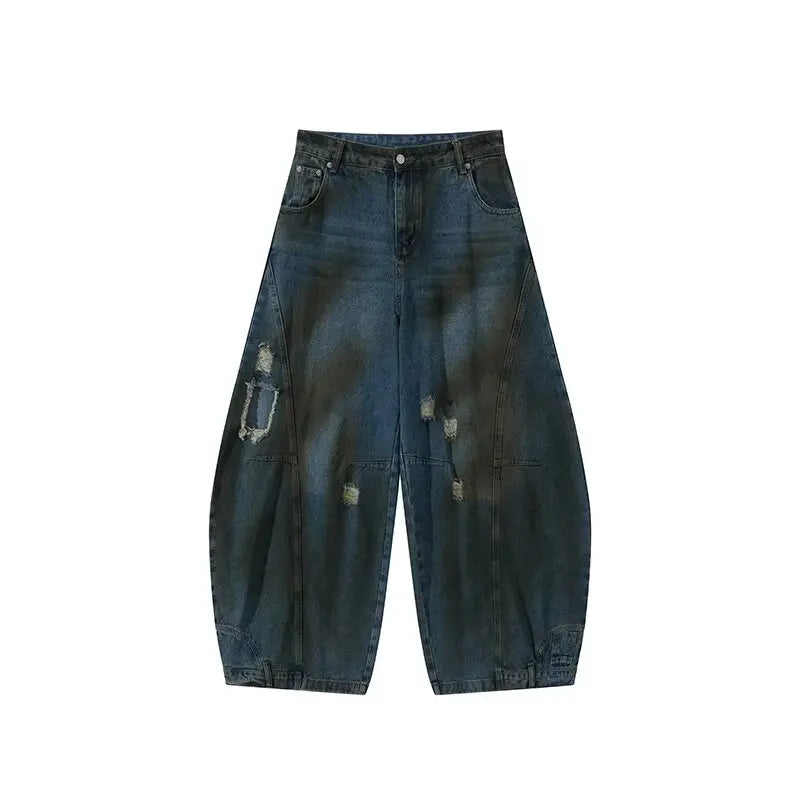 Summer High Street Hip Hop Jeans Mens Halo Dye Hole Washed Straight Denim Pants Loose Silhouette Retro Micro Flared Trousers Street King Limited