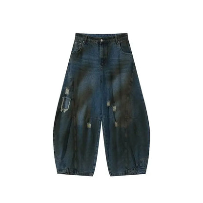 Summer High Street Hip Hop Jeans Mens Halo Dye Hole Washed Straight Denim Pants Loose Silhouette Retro Micro Flared Trousers Street King Limited