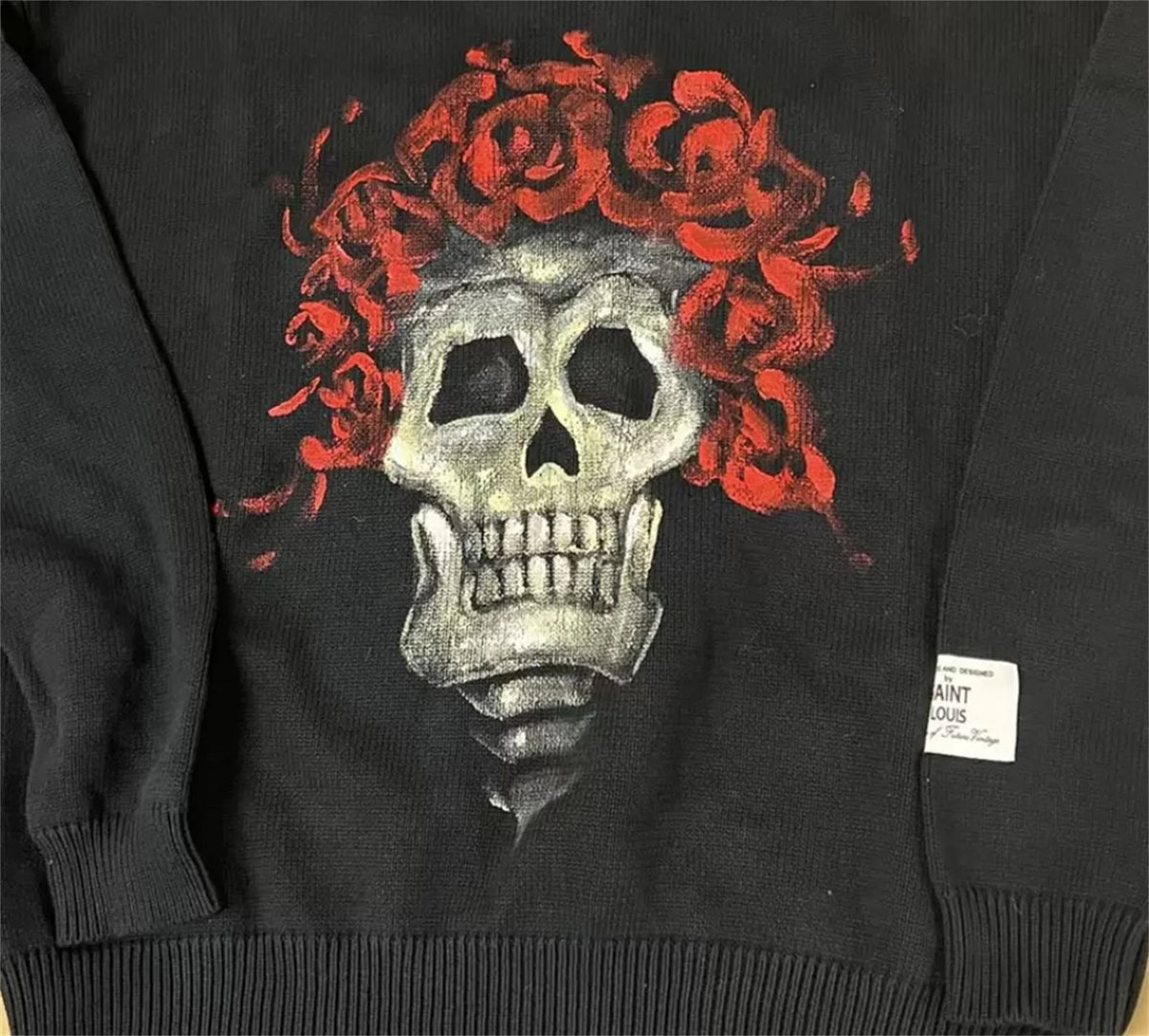 Vintage New Arrival SSSAINT LOUIS Rose Skull Hand-painted High-Street Cotton Casual Pullover Round Neck Sweater Street King Limited