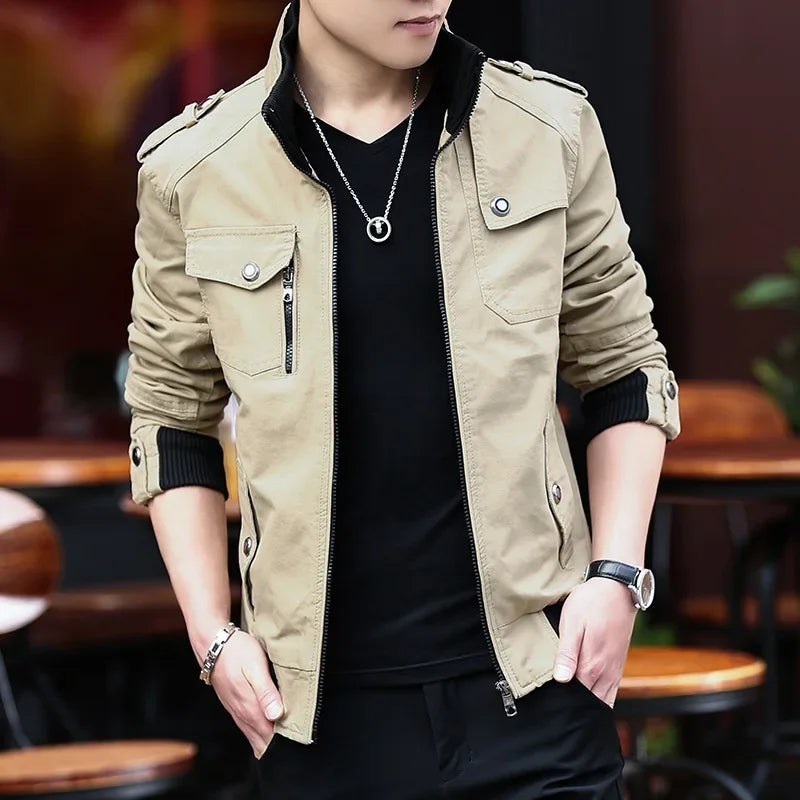 2024 spring autumn new mens jacket korean fashion stand up collar thick denim cargo pants pure cotton coat top clothes combat utility trousers